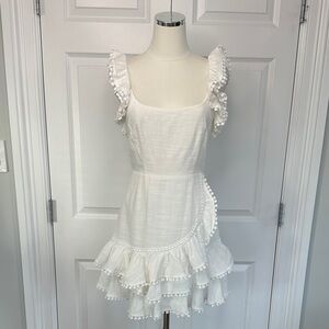 Hello Molly Fierce by Nature White Cotton Pom Pom Hem Ruffles Mini Dress Size 6